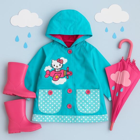 Western Chief Sanrio Hello Kitty in Flight Raincoat Turquoise & Pink | Girls 2T - Picture 1 of 11